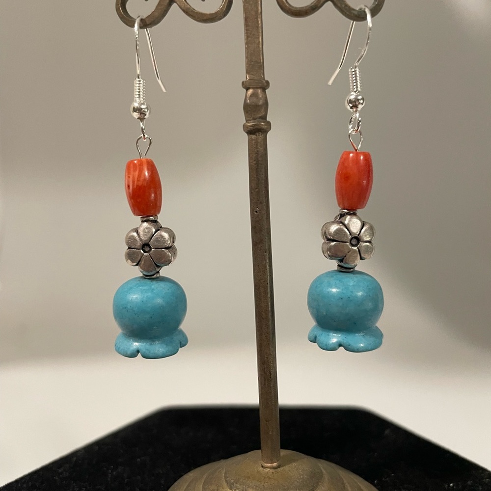 Turquoise Tulip and Coral Earrings